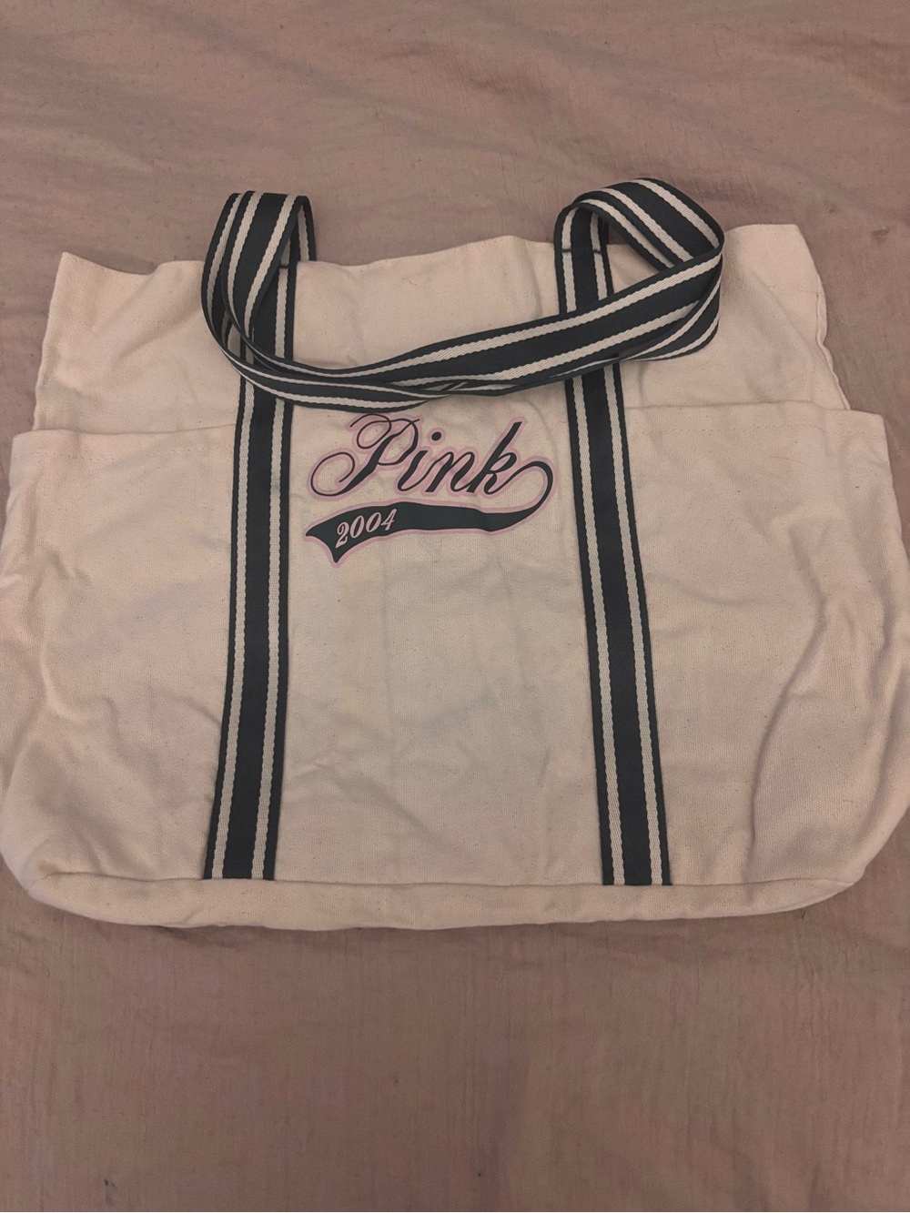 PINK Victoria's Secret White Canvas Tote with Black Striped Straps